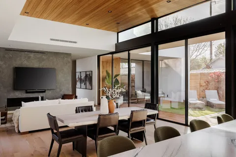 a view of a dining room with furniture