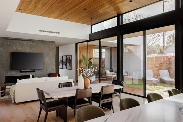 a view of a dining room with furniture