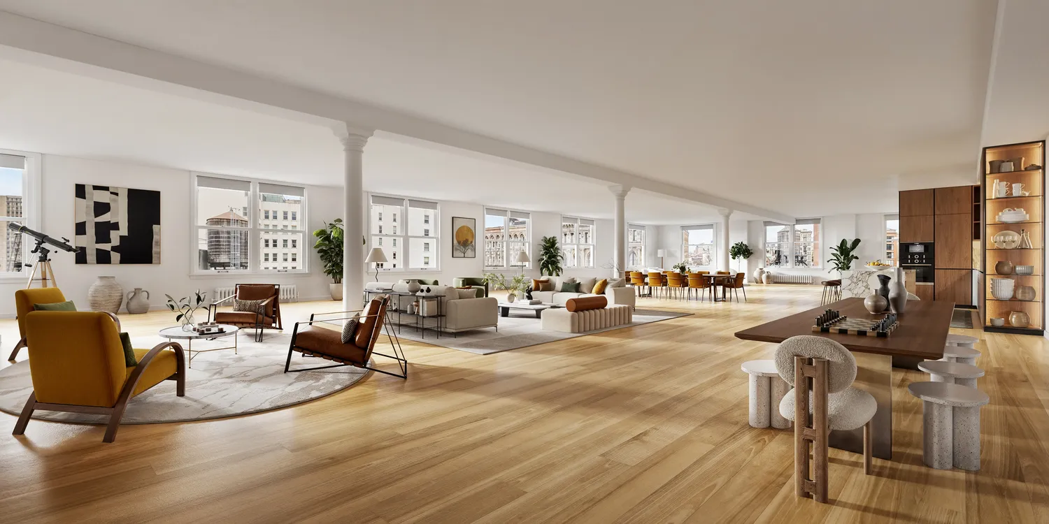 a living room with fireplace furniture and a large window