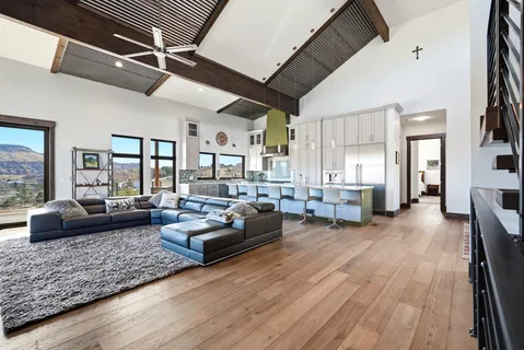 a view of a dining room with furniture window and outside view