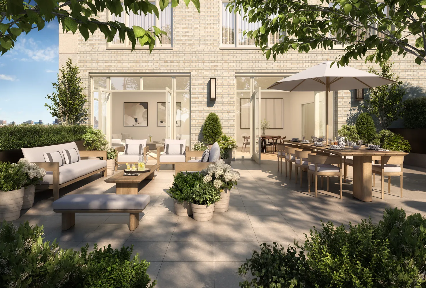 a living room with patio furniture and a fireplace