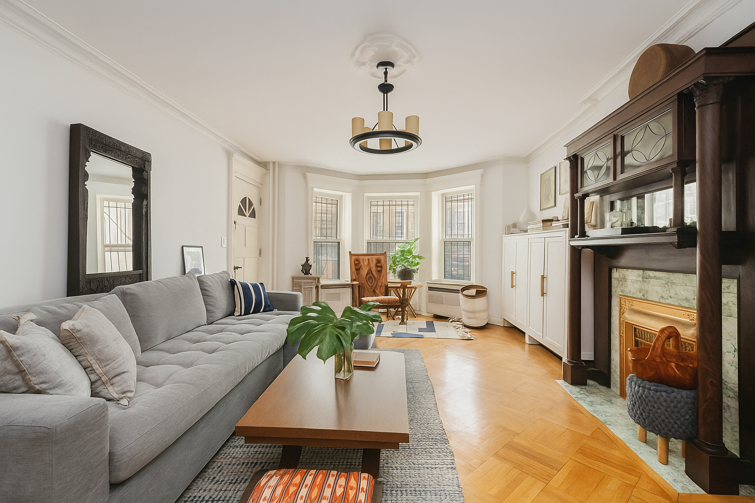 a living room with furniture fireplace and a window