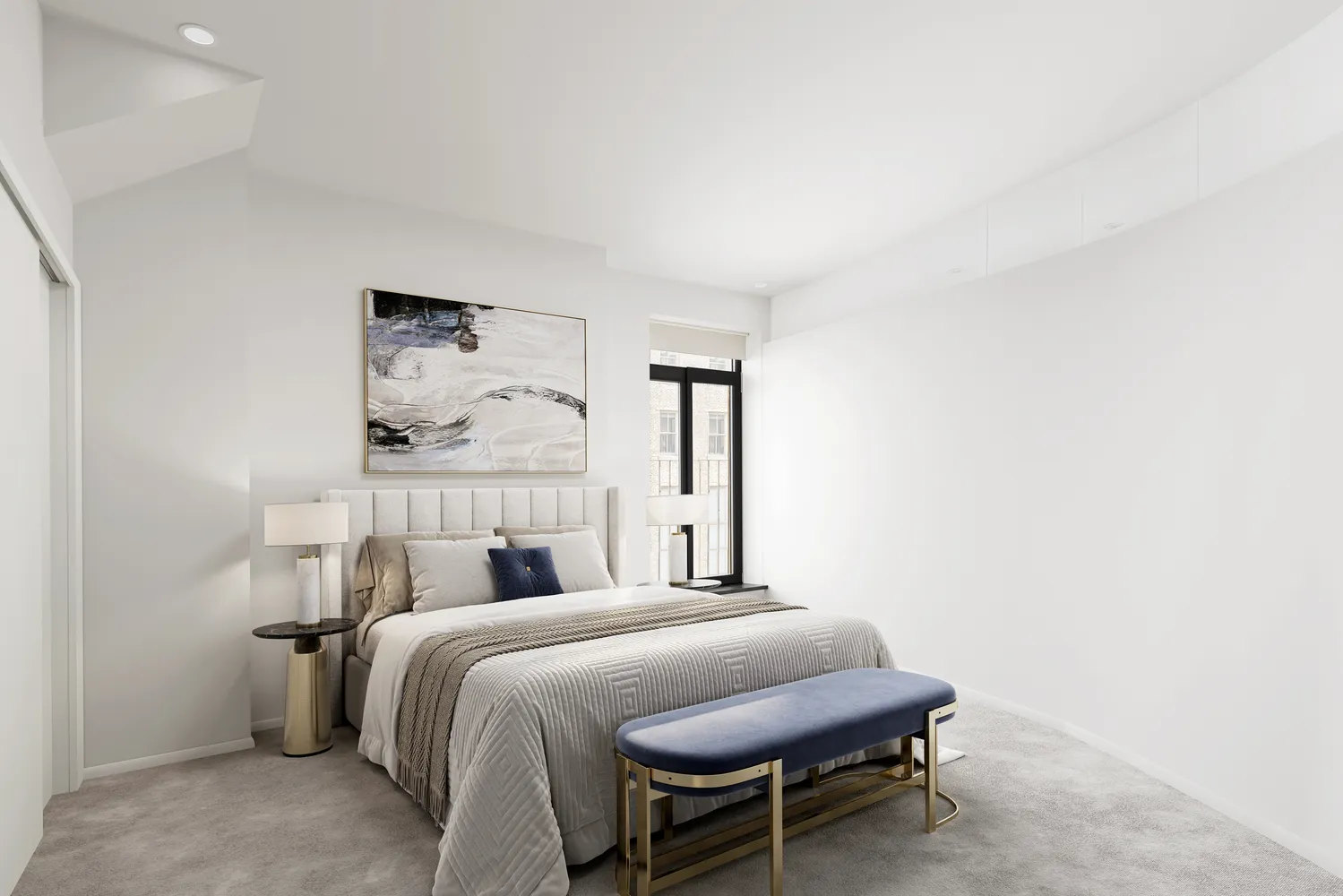 a bedroom with a bed and a painting on the wall