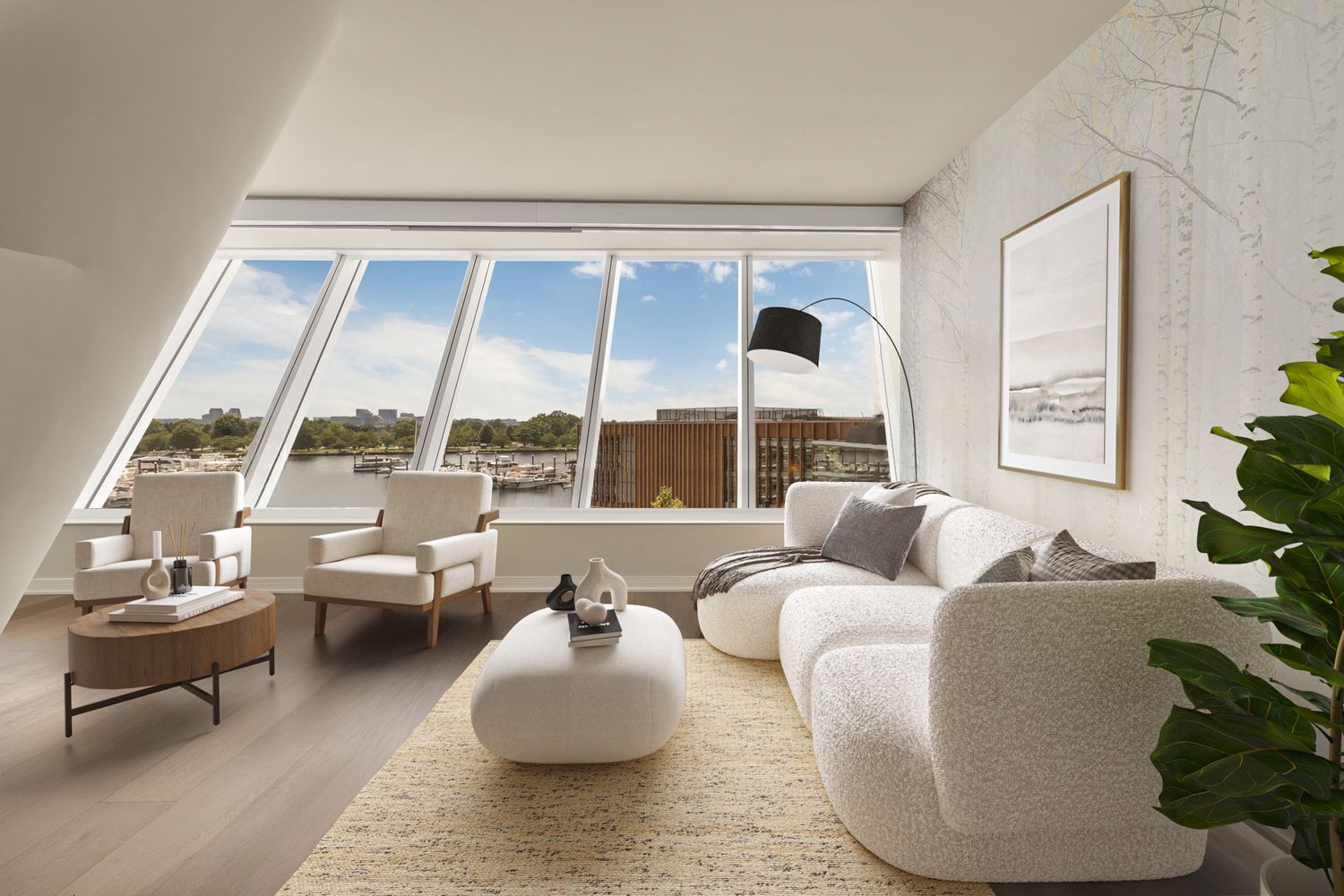 a living room with fireplace furniture and a large window