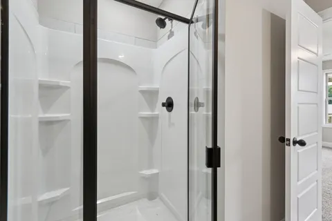 a bathroom with a shower and a toilet