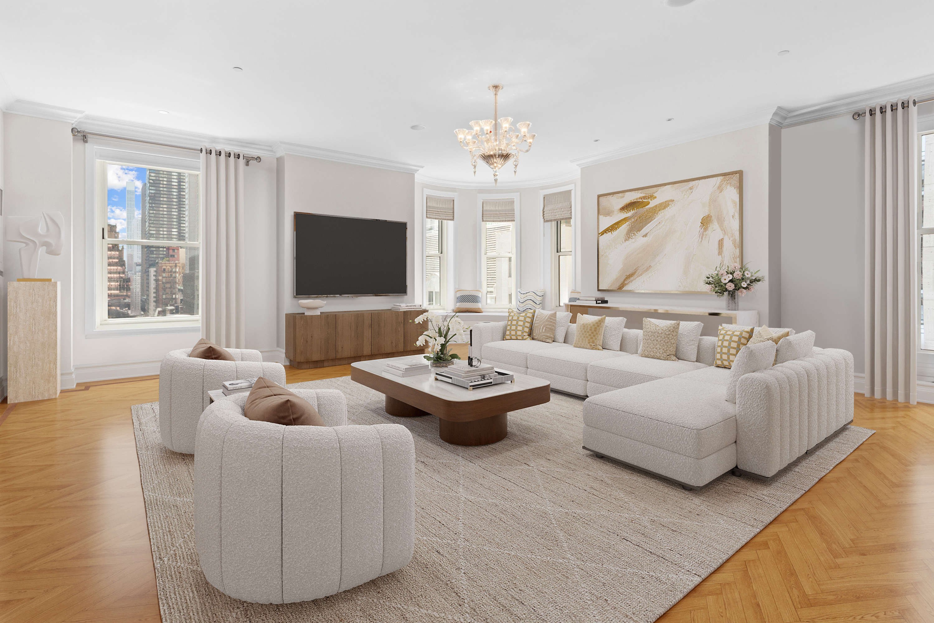 1 Central Park South, Unit 915 Manhattan, NY 10019 - Photo 2 of 29 a living room with furniture and a large window