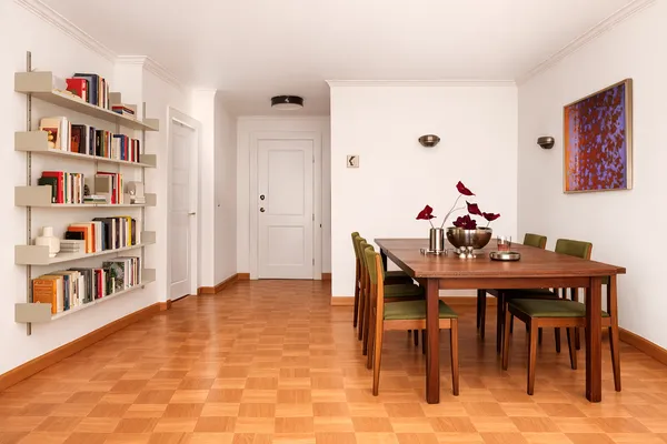 a view of a dining room with furniture