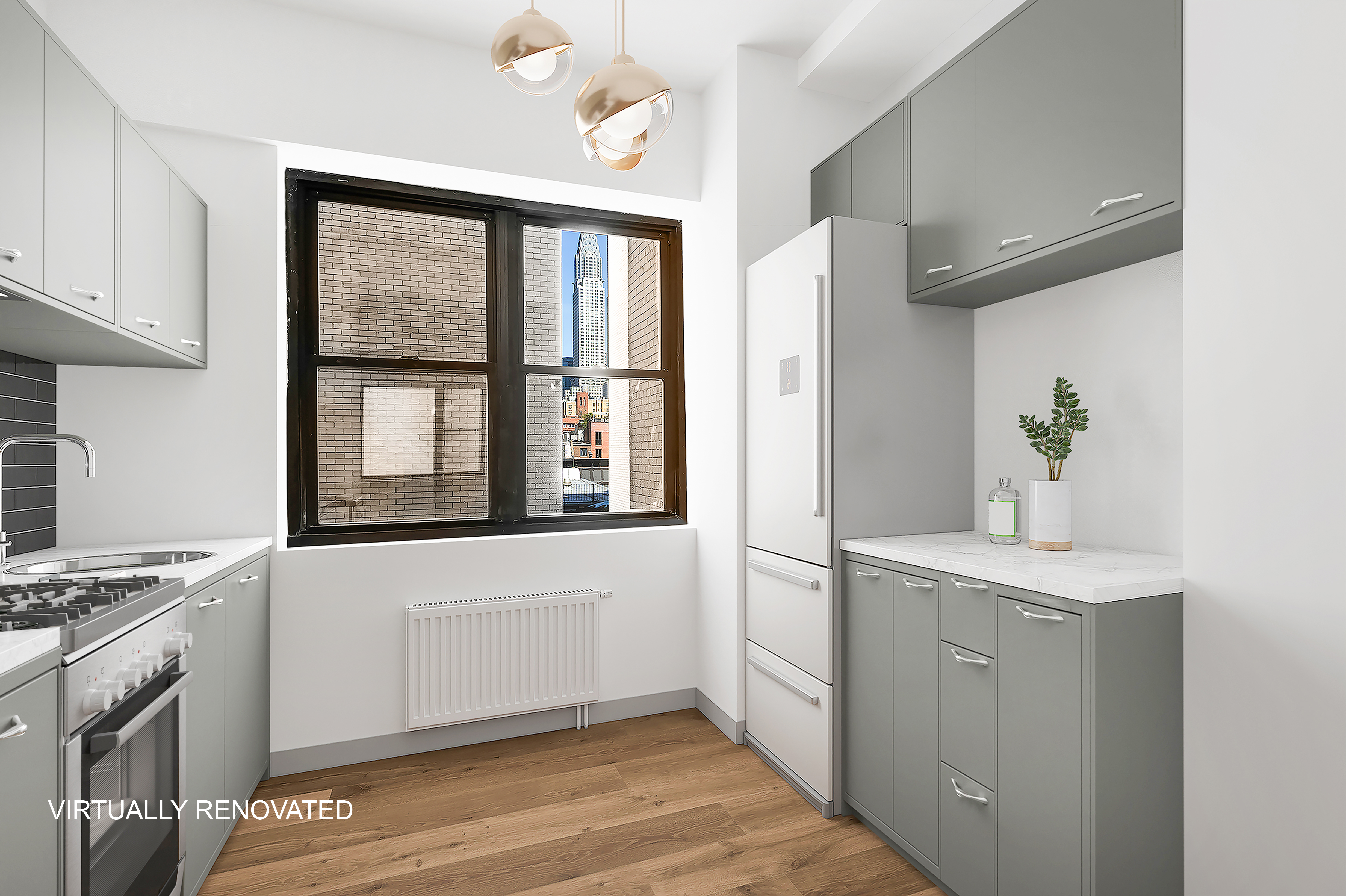 7 Park Avenue, Unit 66 Manhattan, NY 10016 - Photo 5 of 11 a kitchen with stainless steel appliances granite countertop a stove a sink and a refrigerator with wooden floors