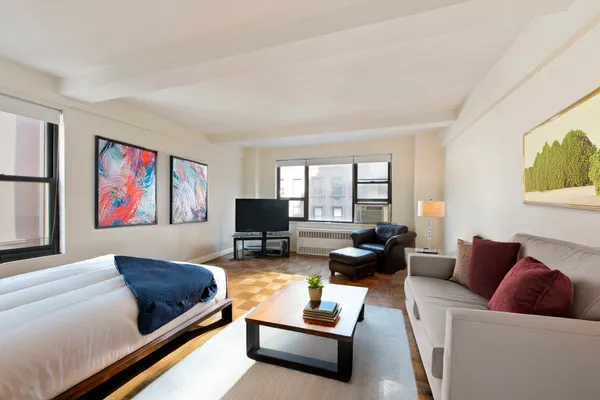 a living room with furniture rug and window