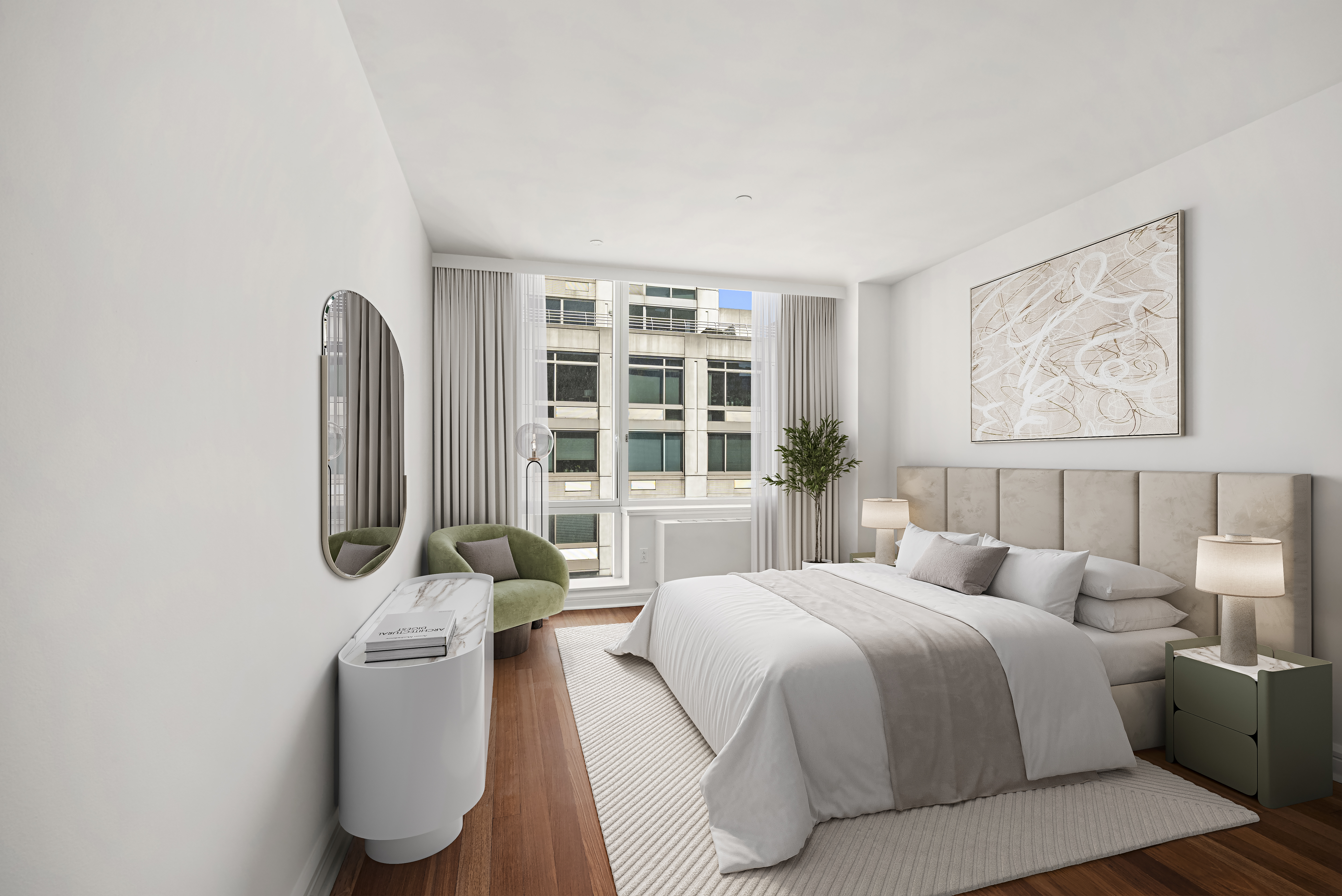 100 Riverside Boulevard, Unit 14D Manhattan, NY 10069 - Photo 2 of 13 a bedroom with a bed wooden floor and window