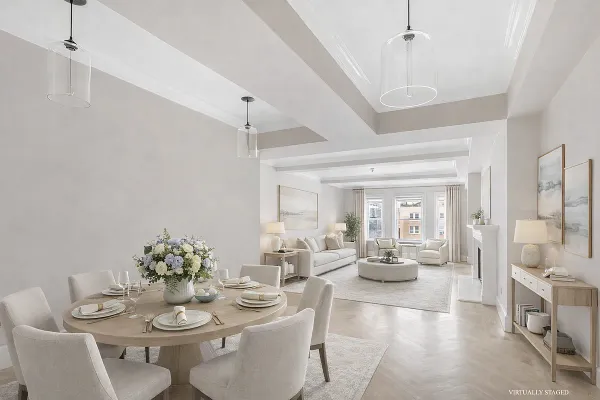 a view of a dining room and livingroom with furniture