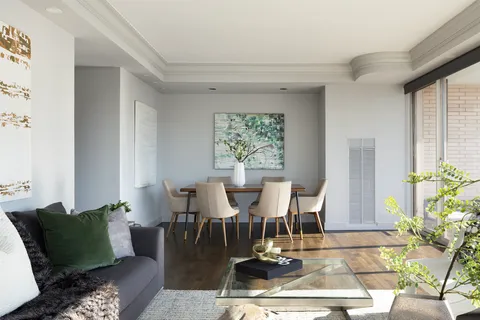 a view of a dining room with furniture