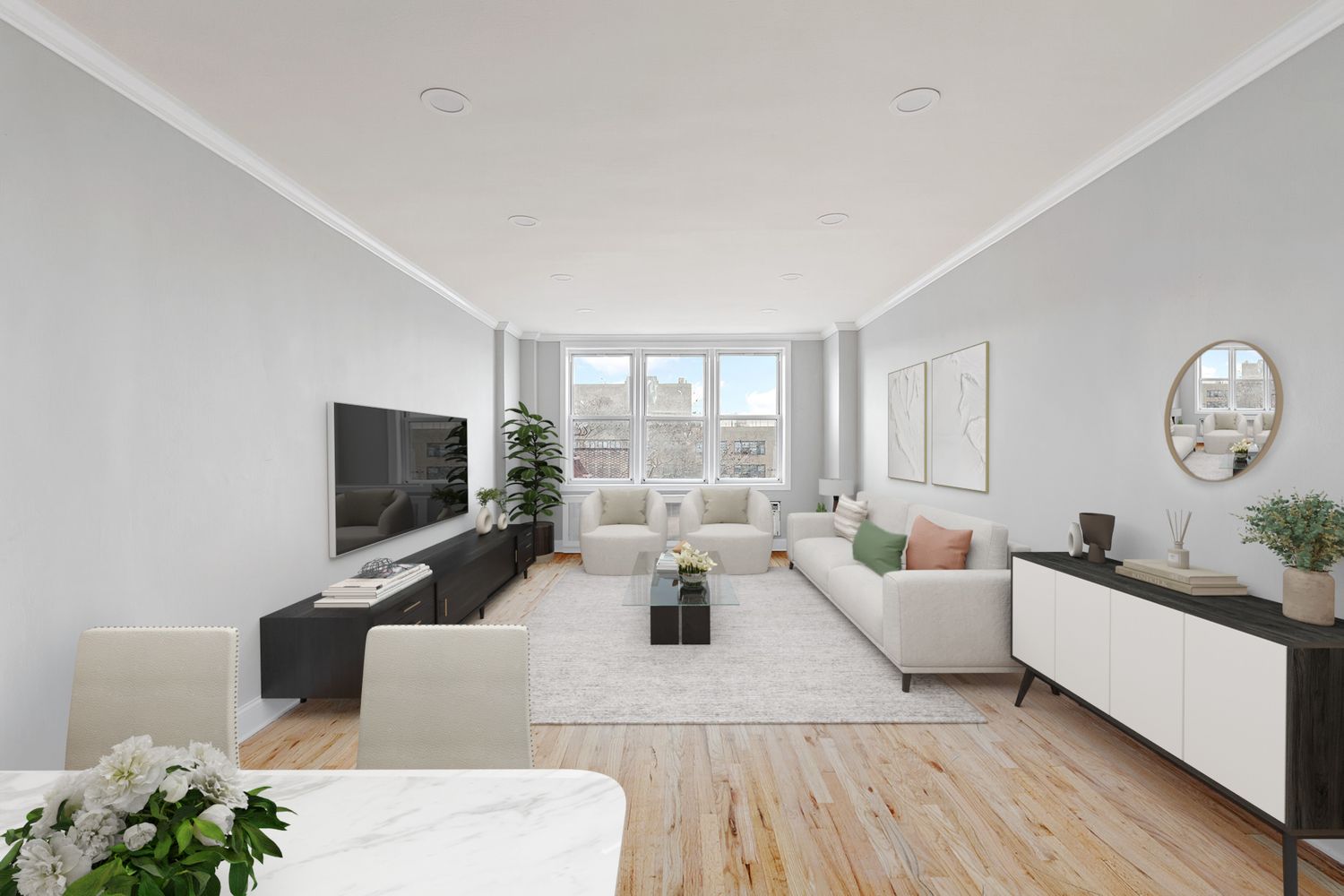 a living room with fireplace furniture and a flat screen tv