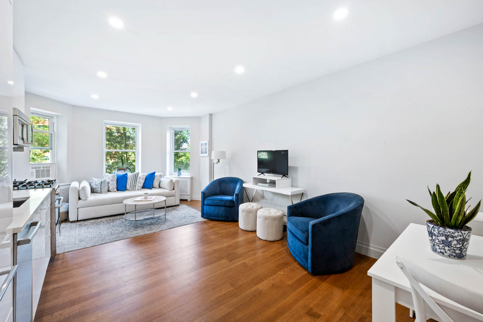 a living room with furniture view and a flat screen tv