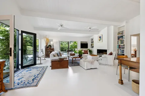 a living room with furniture potted plant and a fireplace