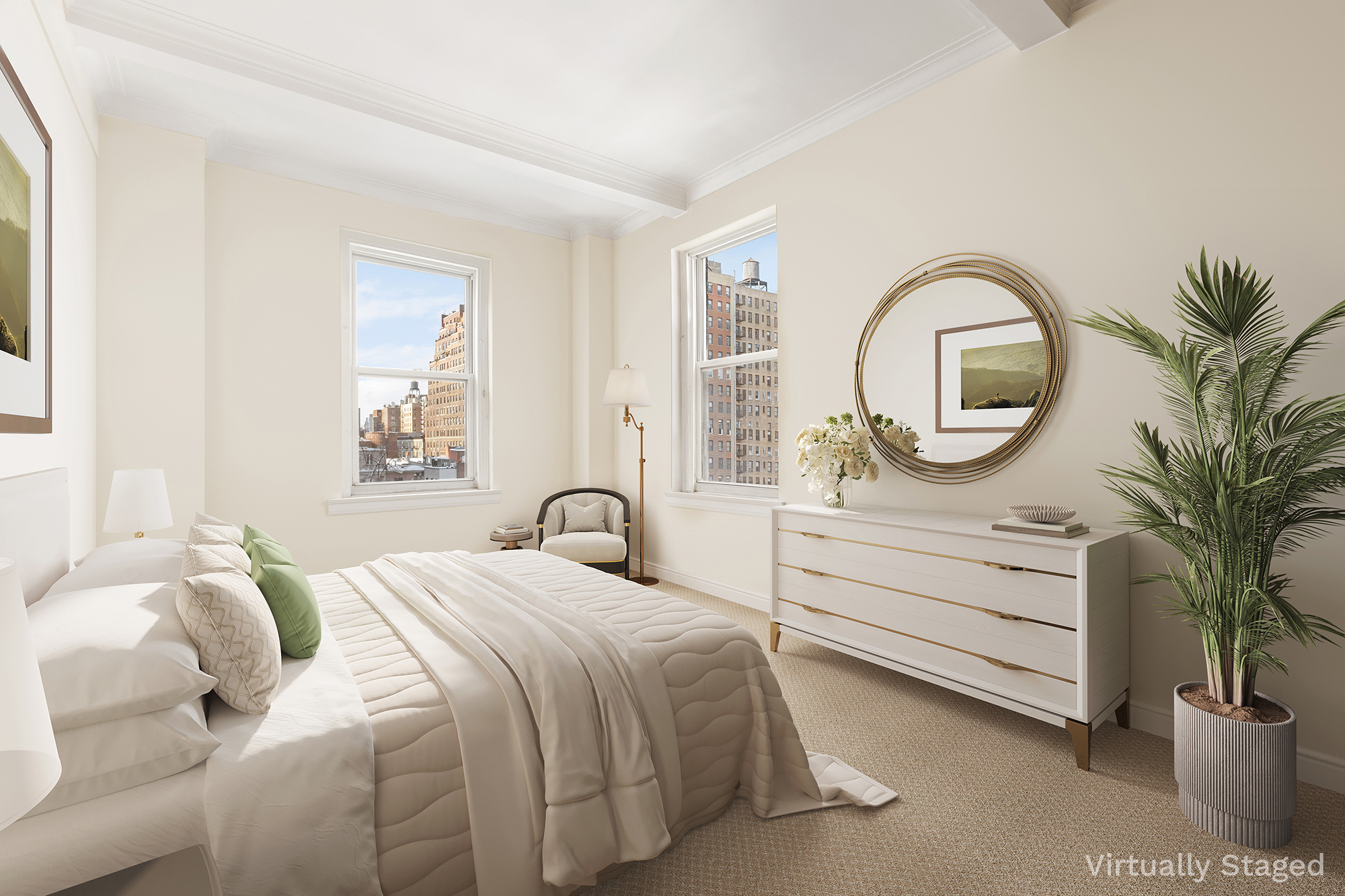 139 East 94th Street, Unit 7D Manhattan, NY 10128 - Photo 7 of 11 a bedroom with a large bed mirror and a window
