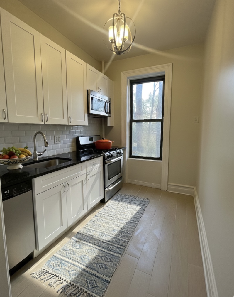 408 8th Avenue, Unit 1C Brooklyn, NY 11215 - Photo 5 of 13 a kitchen with stainless steel appliances granite countertop a stove a sink and a white cabinets
