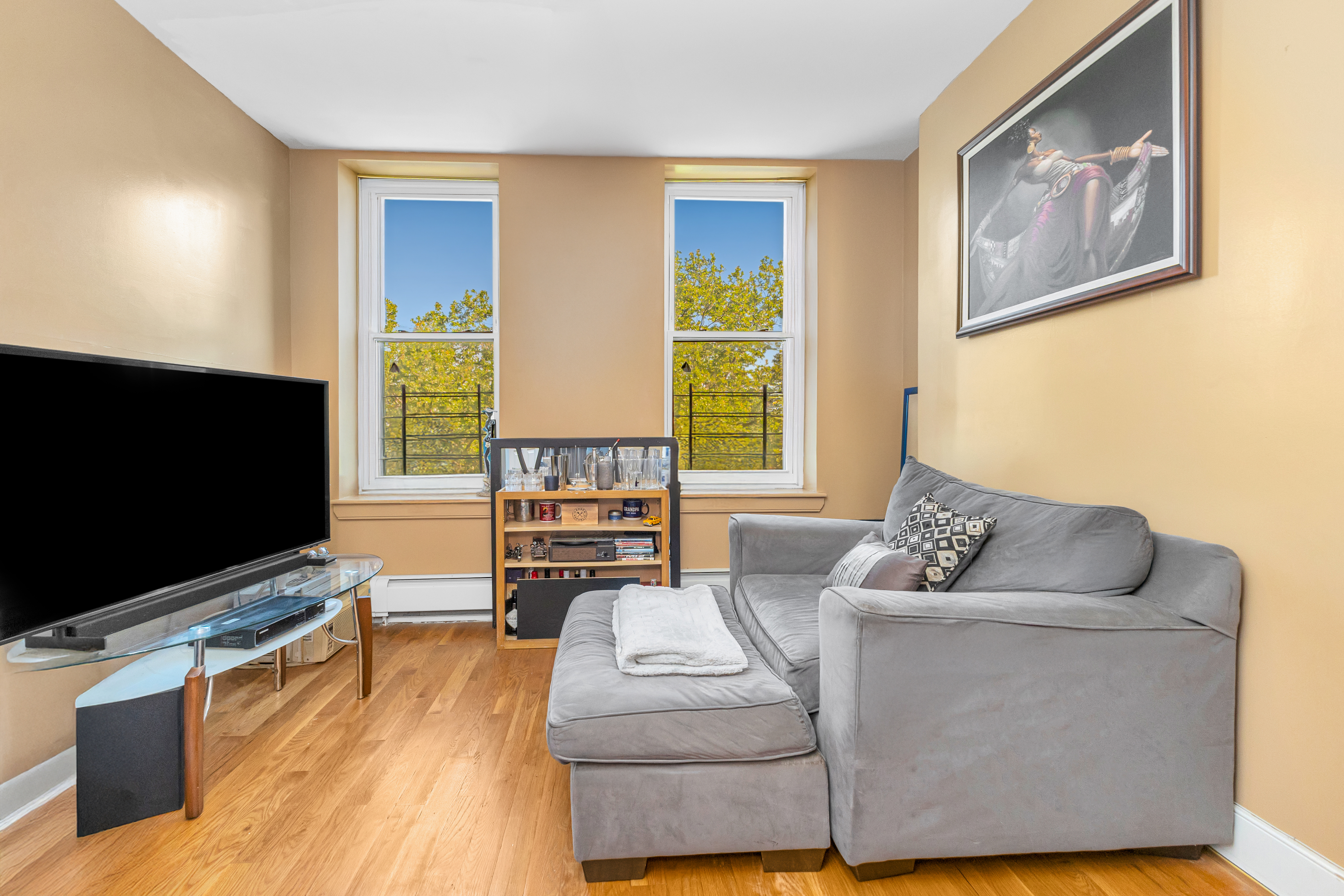 786 Madison Street, Unit 3B Brooklyn, NY 11221 - Photo 1 of 11 a living room with furniture and a flat screen tv