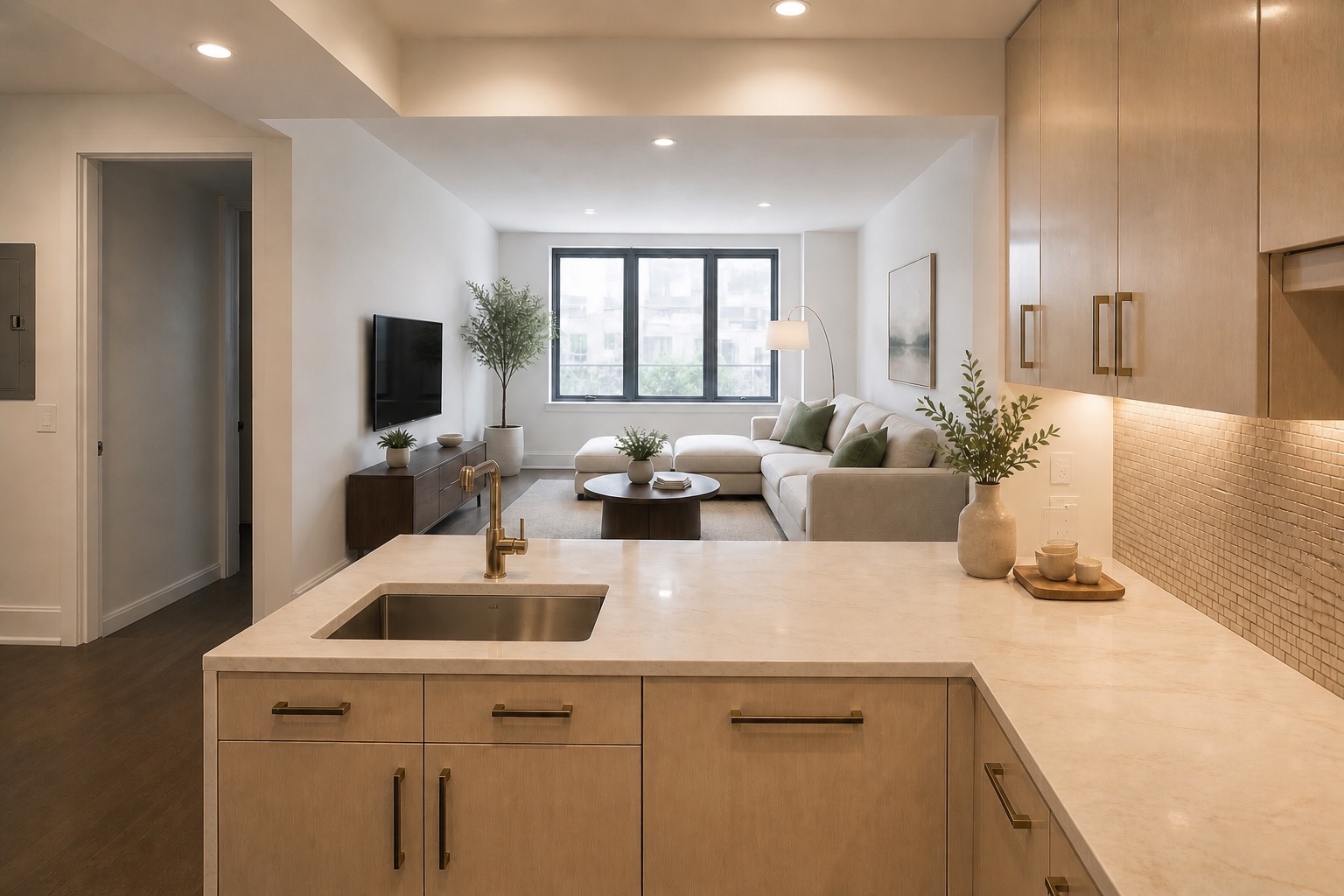 50 Riverside Boulevard, Unit 3T Manhattan, NY 10069 - Photo 4 of 14 a kitchen with a sink a counter space and living room
