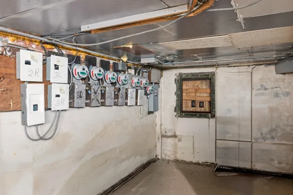 a view of a room with racks on the wall