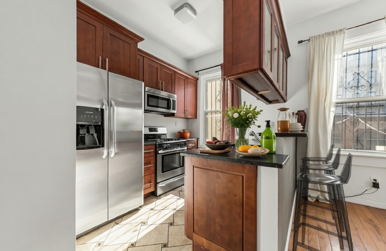 1218 Saint Marks Avenue Brooklyn, NY 11213 - Photo 3 of 42 a kitchen with stainless steel appliances a sink stove refrigerator and a window