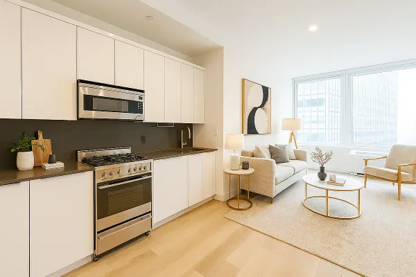 a kitchen with stainless steel appliances granite countertop a stove and white cabinets