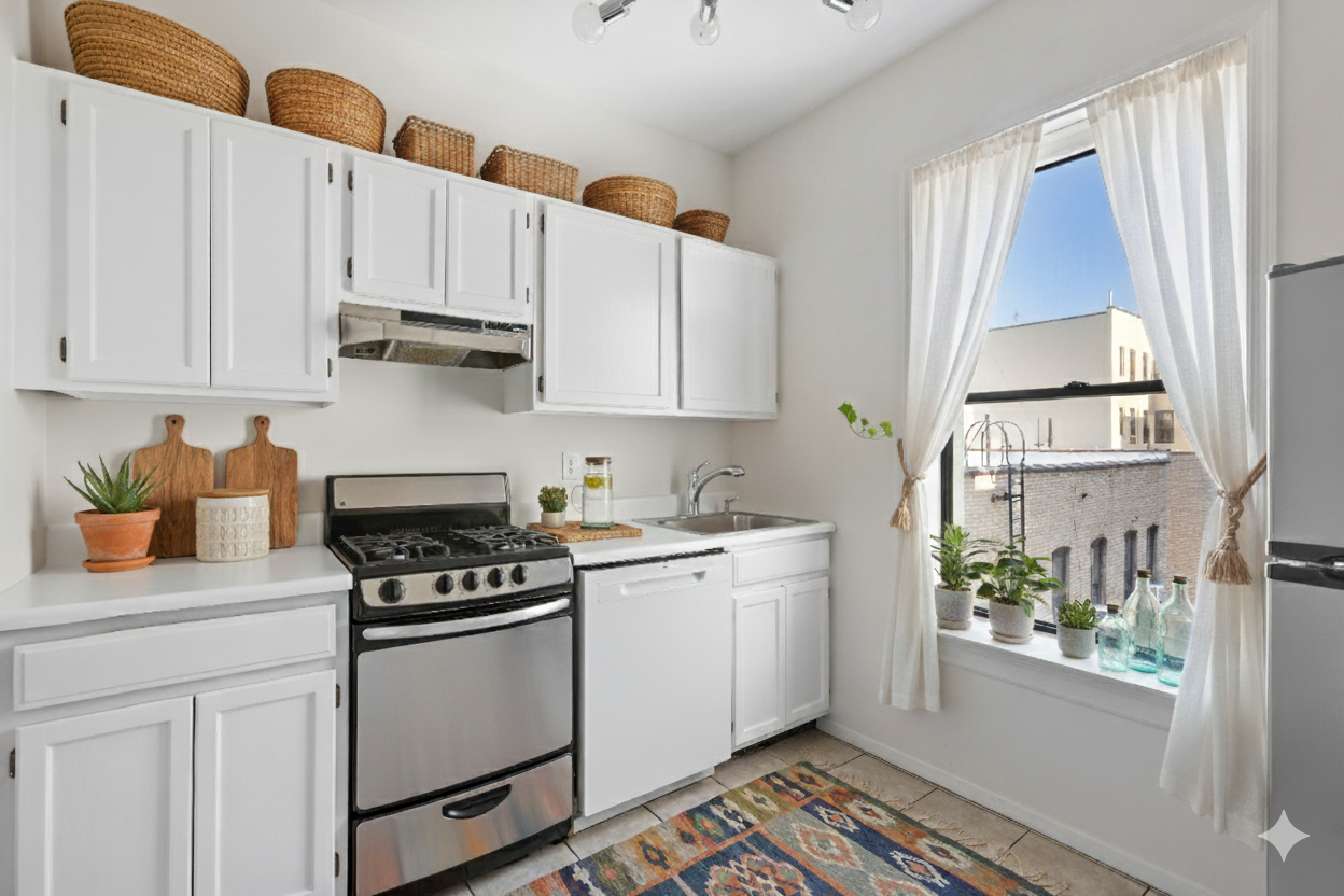 77 Eastern Parkway, Unit 5E Brooklyn, NY 11238 - Photo 2 of 7 a kitchen with stainless steel appliances white cabinets and a stove top oven