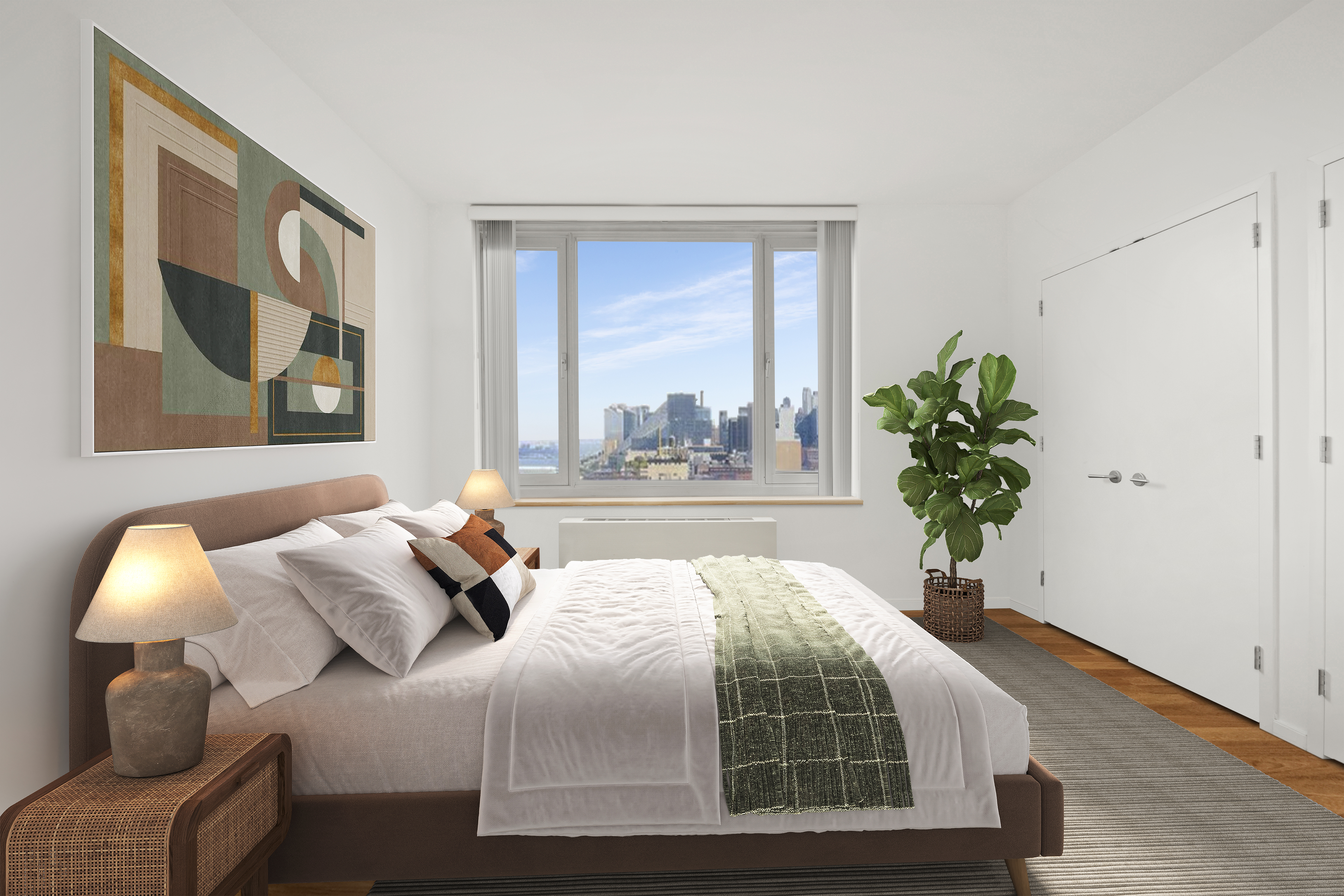 635 West 42nd Street, Unit 12D Manhattan, NY 10036 - Photo 8 of 18 a bedroom with a bed and a window
