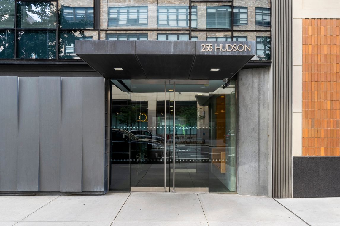 a front view of a building with glass door