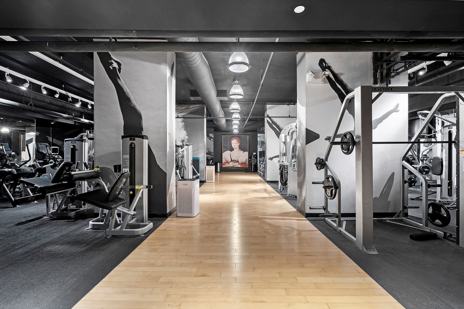 a view of a garage with gym equipment