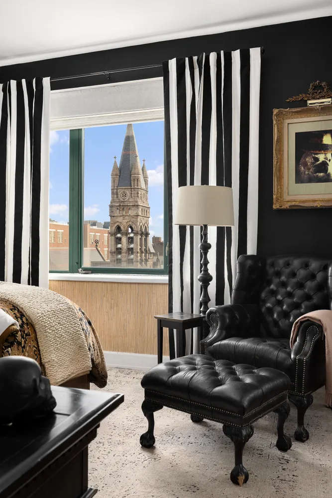 a view of a couch in a shelf