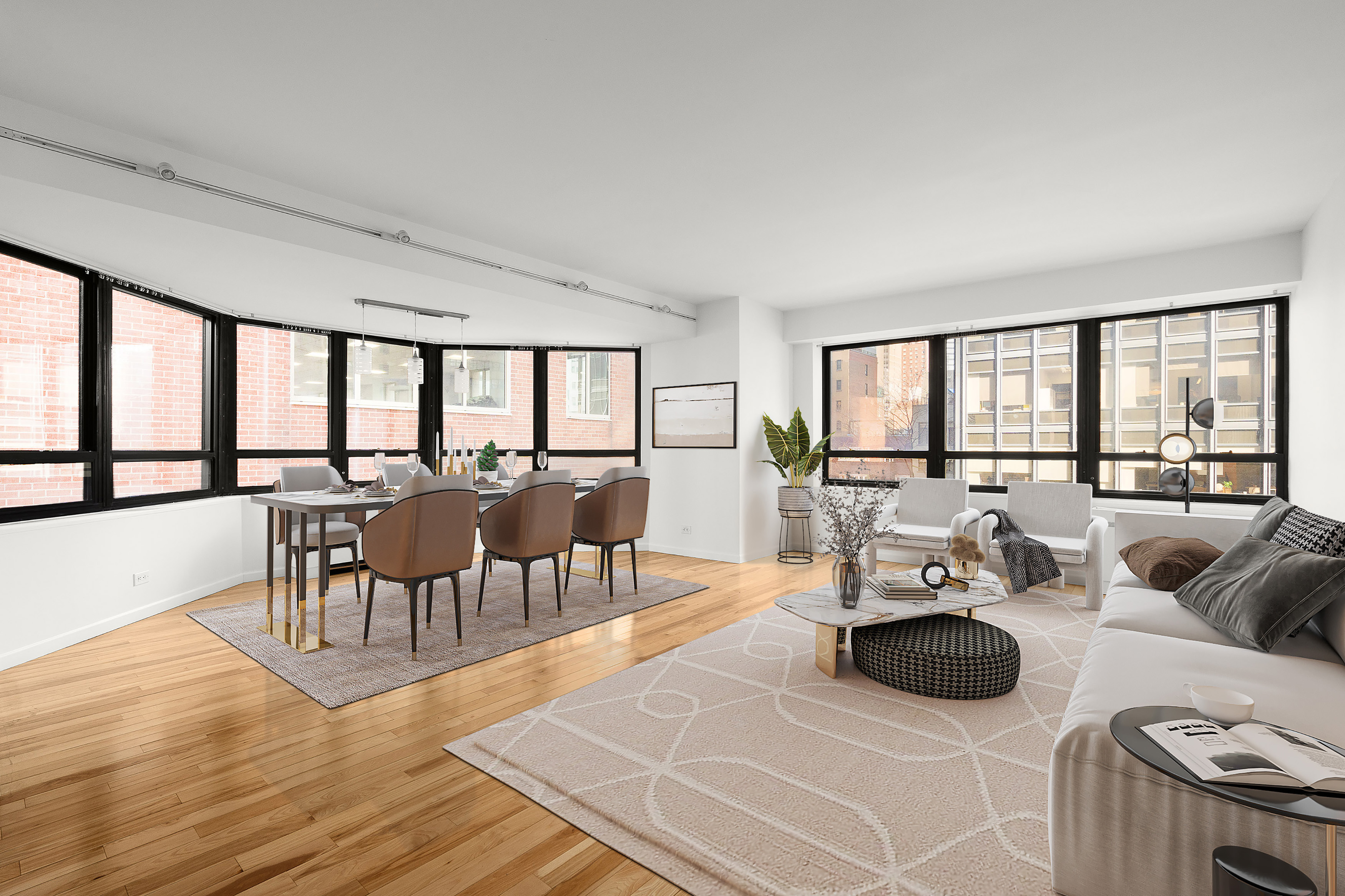a living room with furniture a dining table and a large window