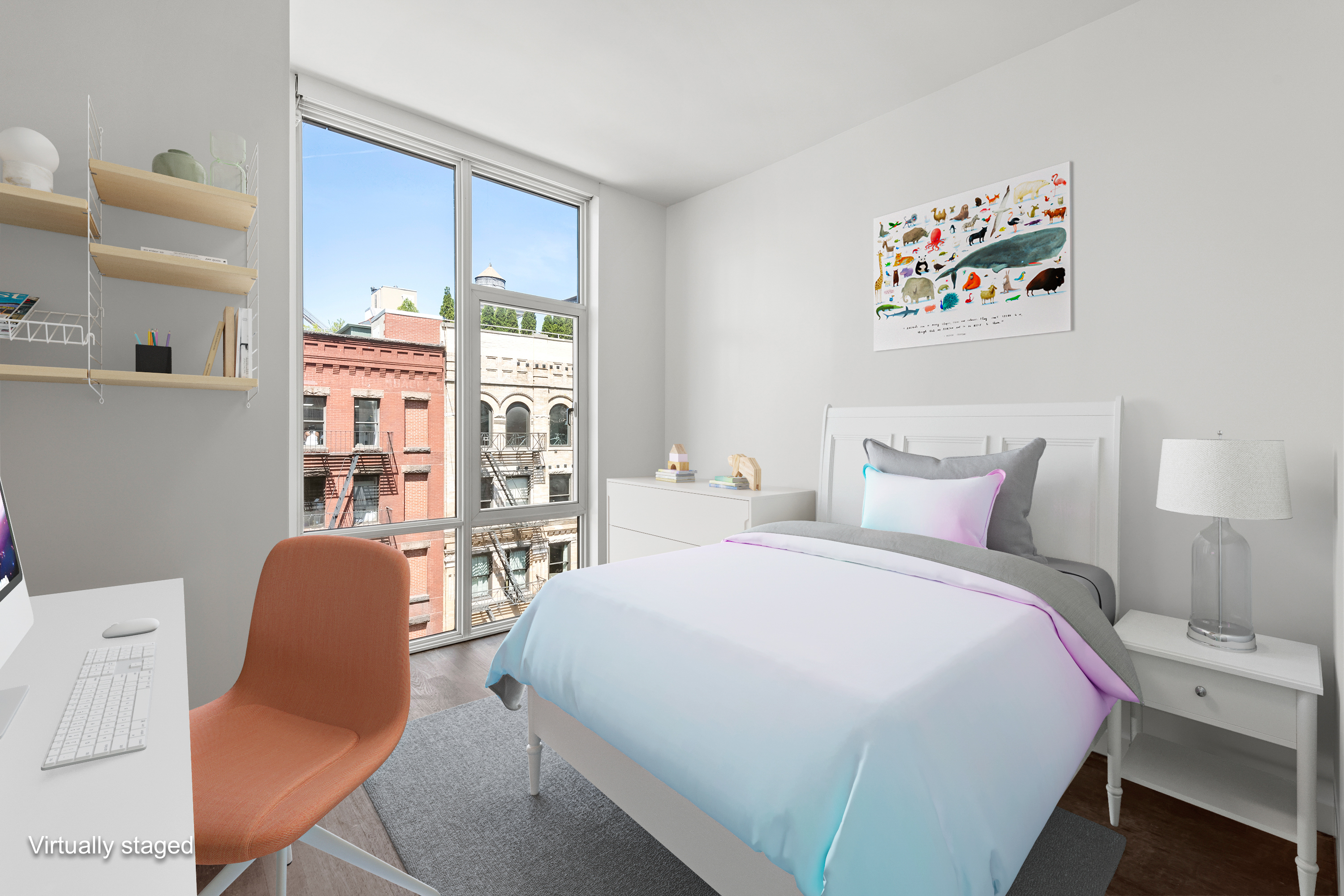 475 Greenwich Street, Unit PHN Manhattan, NY 10013 - Photo 16 of 28 a bedroom with a bed a couch and a book shelf