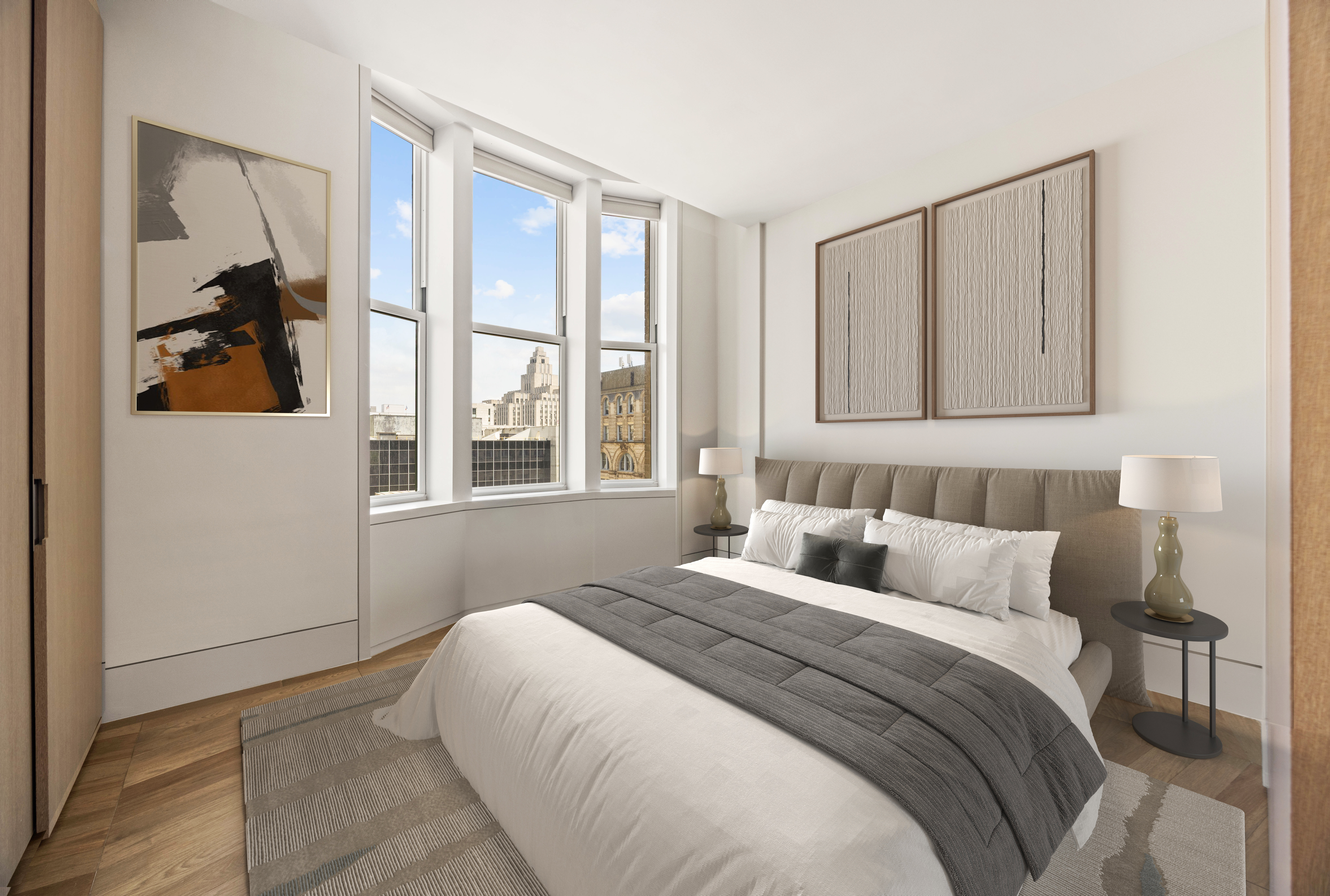 49 Chambers Street, Unit 9G Manhattan, NY 10007 - Photo 4 of 28 a bedroom with a bed and a large window