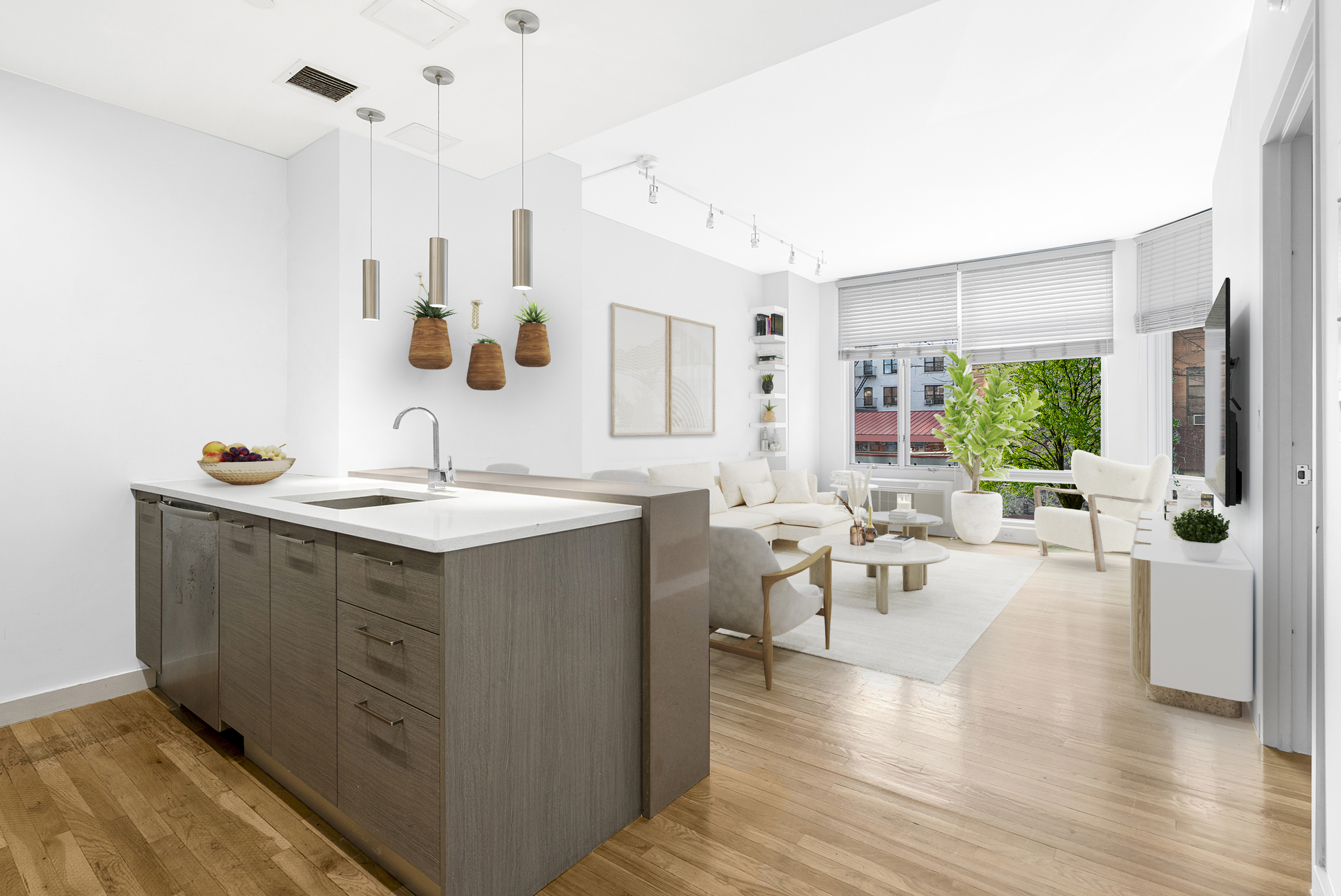 333 East 109th Street, Unit 2A Manhattan, NY 10029 - Photo 1 of 13 a large living room with stainless steel appliances kitchen island granite countertop a sink dishwasher and a flat tv screen next to a large window