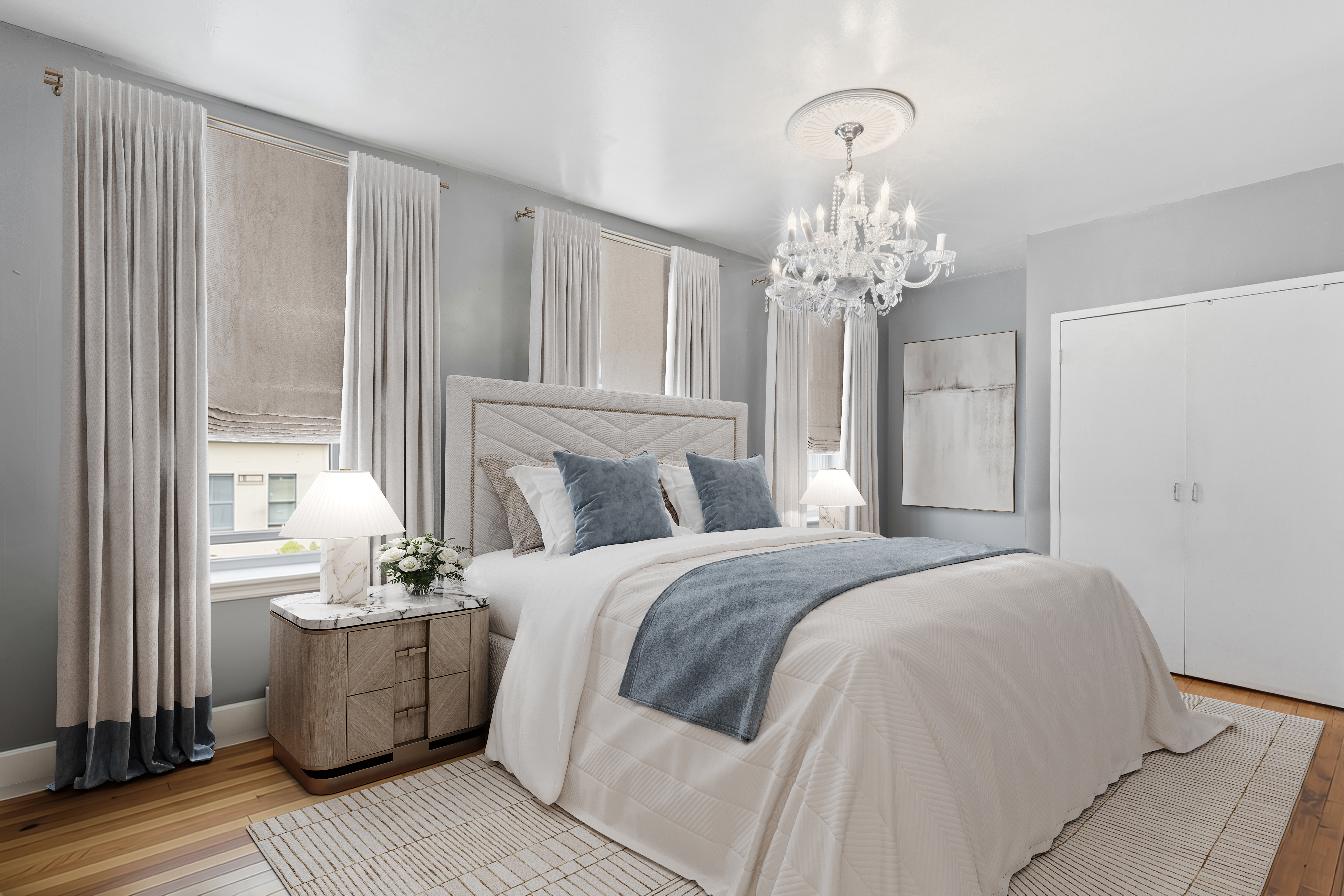 436 Chauncey Street, Unit 4 Brooklyn, NY 11233 - Photo 2 of 7 a bedroom with a large bed and a chandelier