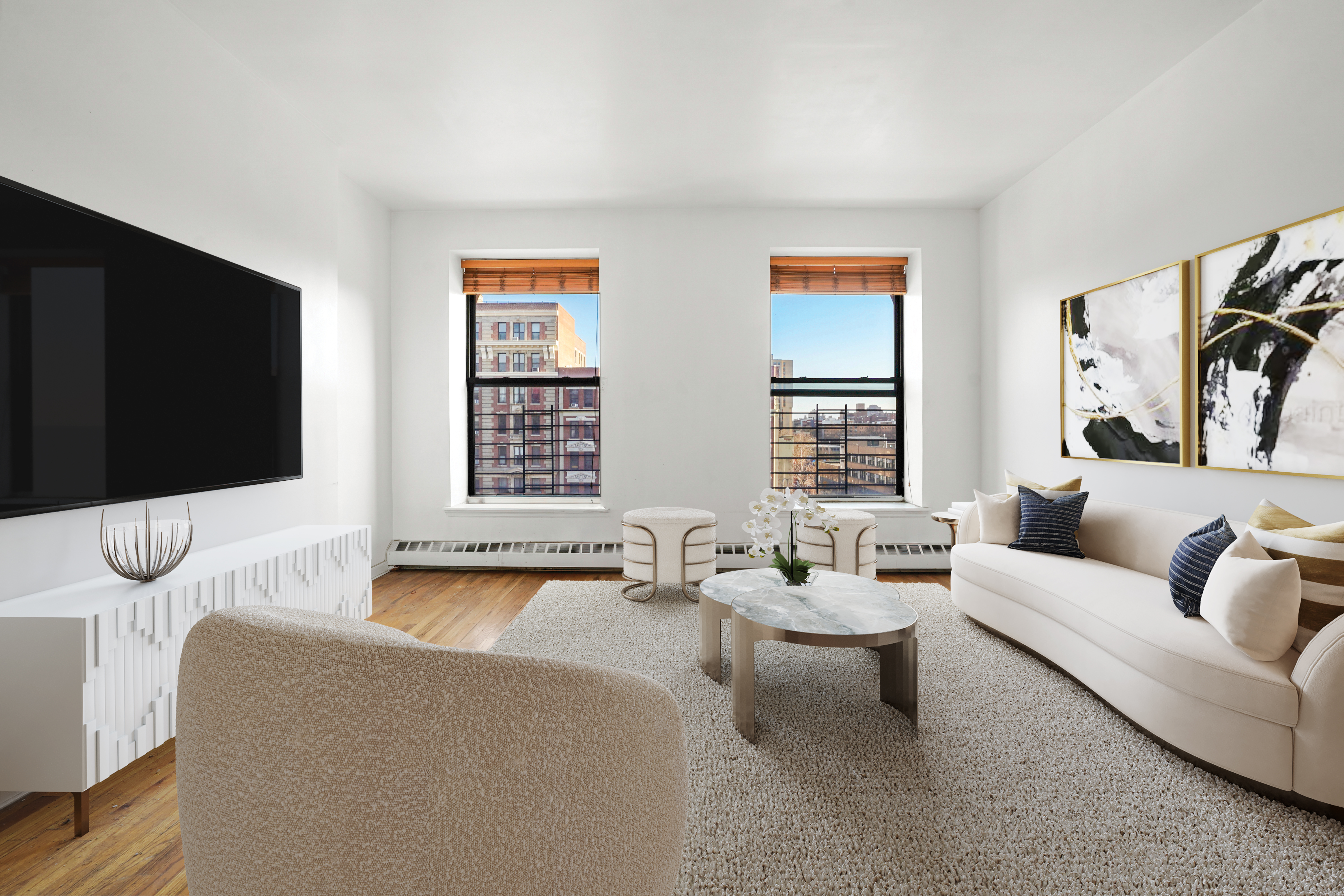 163 Lenox Avenue, Unit 5A Manhattan, NY 10026 - Photo 3 of 16 a living room with furniture and a flat screen tv
