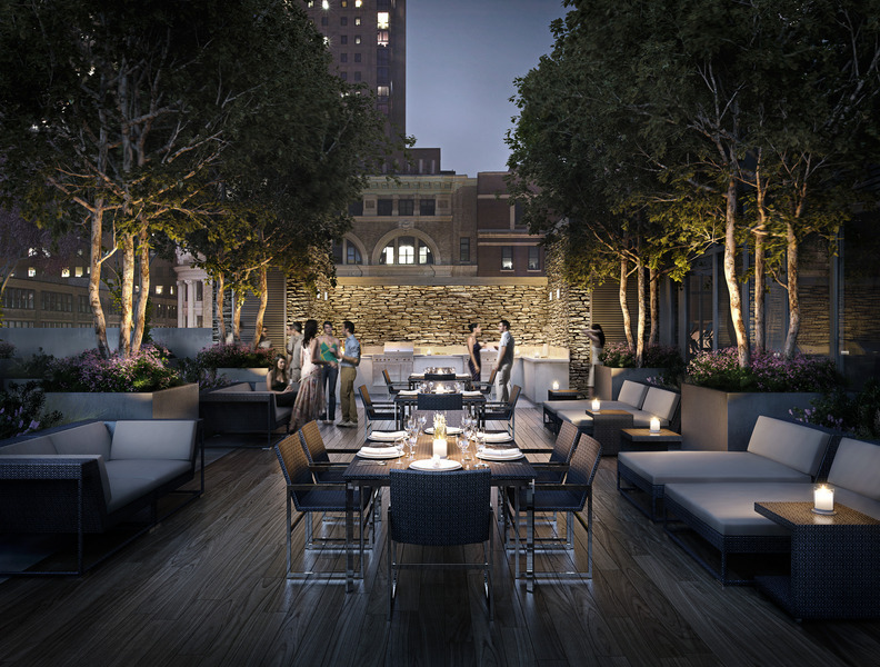 388 Bridge Street, Unit 32G Brooklyn, NY 11201 - Photo 13 of 15 a view of a patio with couches table and chairs and potted plants