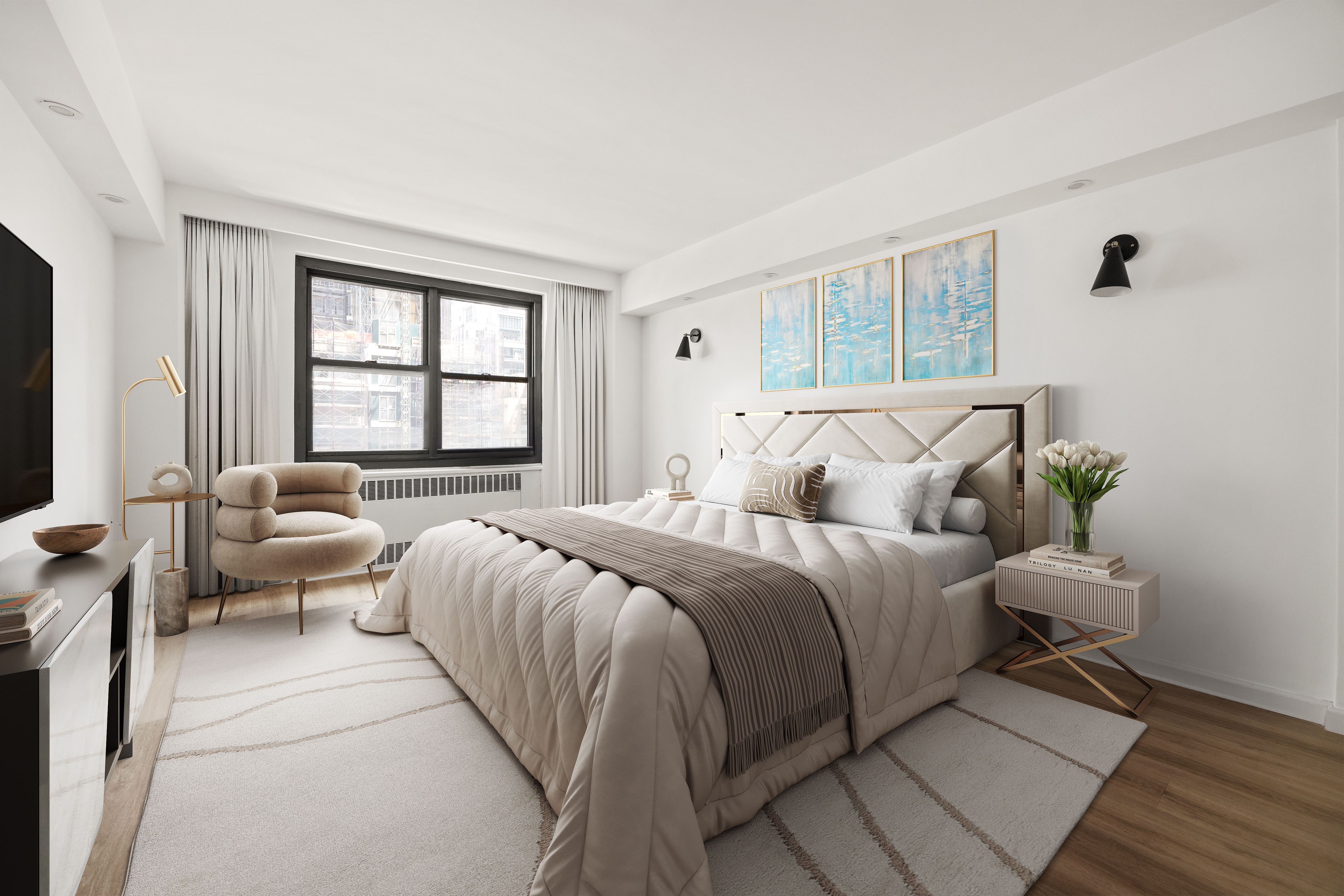 135 East 54th Street, Unit 11G Manhattan, NY 10022 - Photo 6 of 7 a spacious bedroom with a bed and a couch