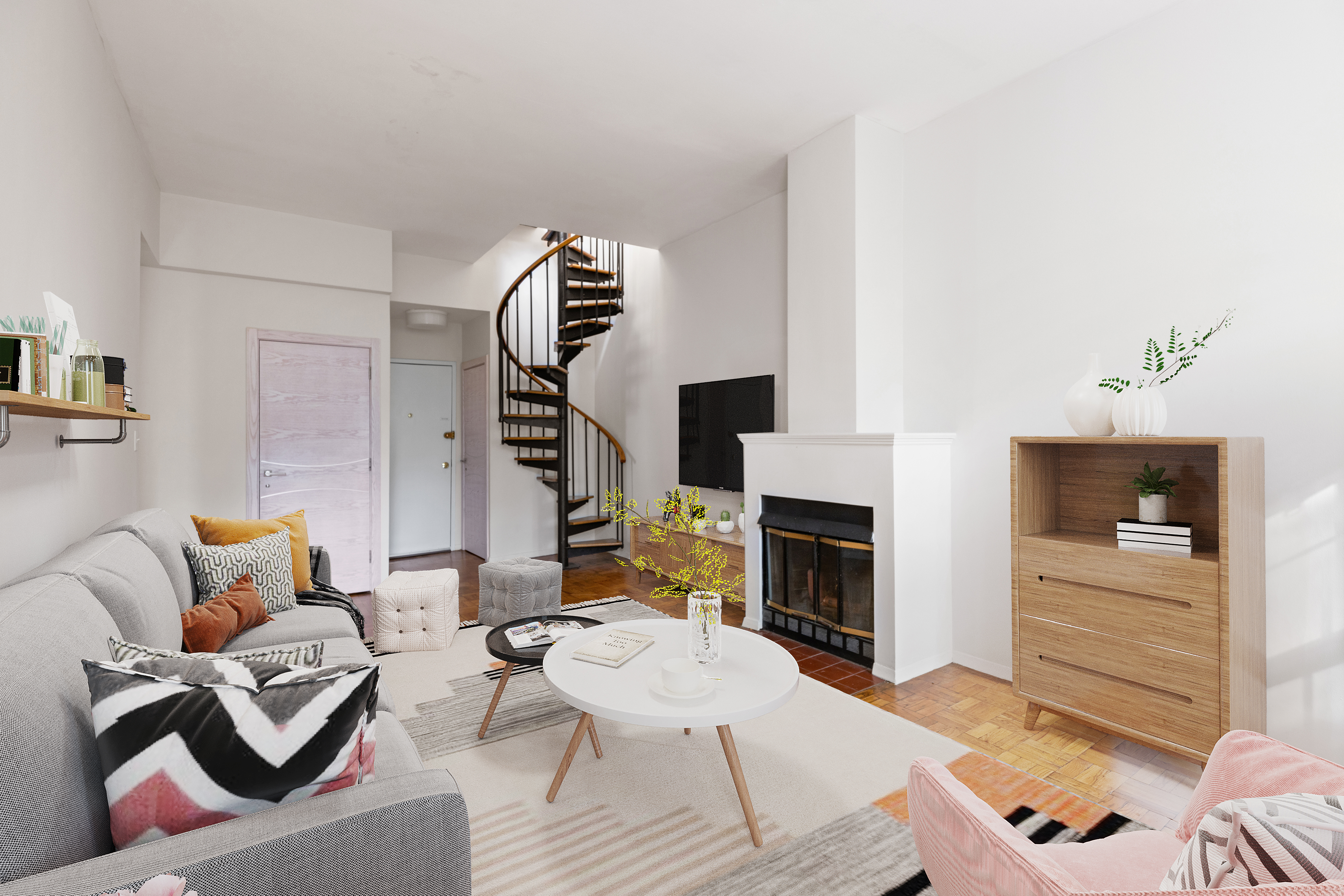 136 East 30th Street, Unit 3R Manhattan, NY 10016 - Photo 6 of 23 a living room with furniture kitchen view and a fireplace