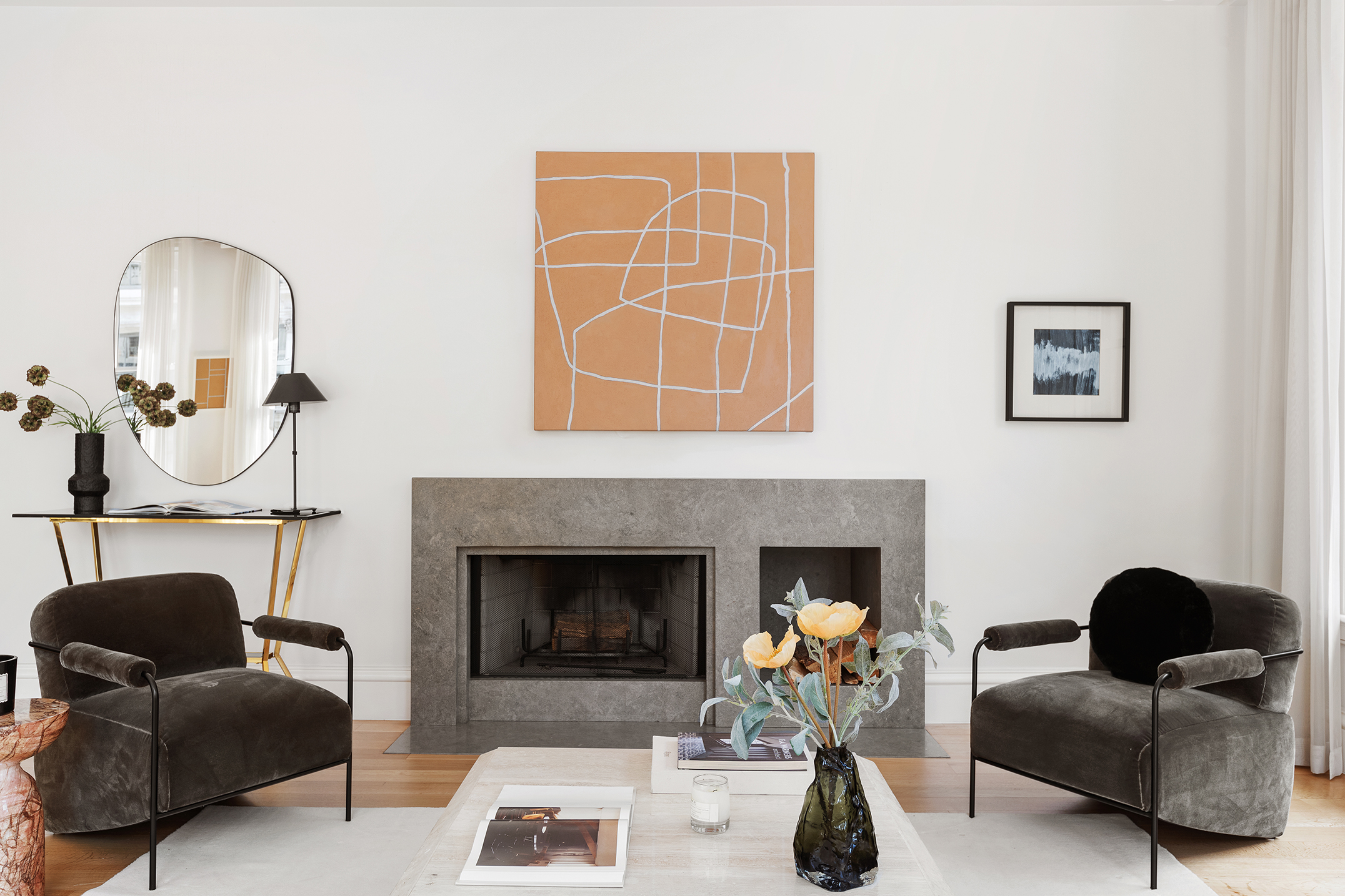 470 Broome Street, Unit 4S Manhattan, NY 10013 - Photo 4 of 14 a living room with furniture and a fireplace