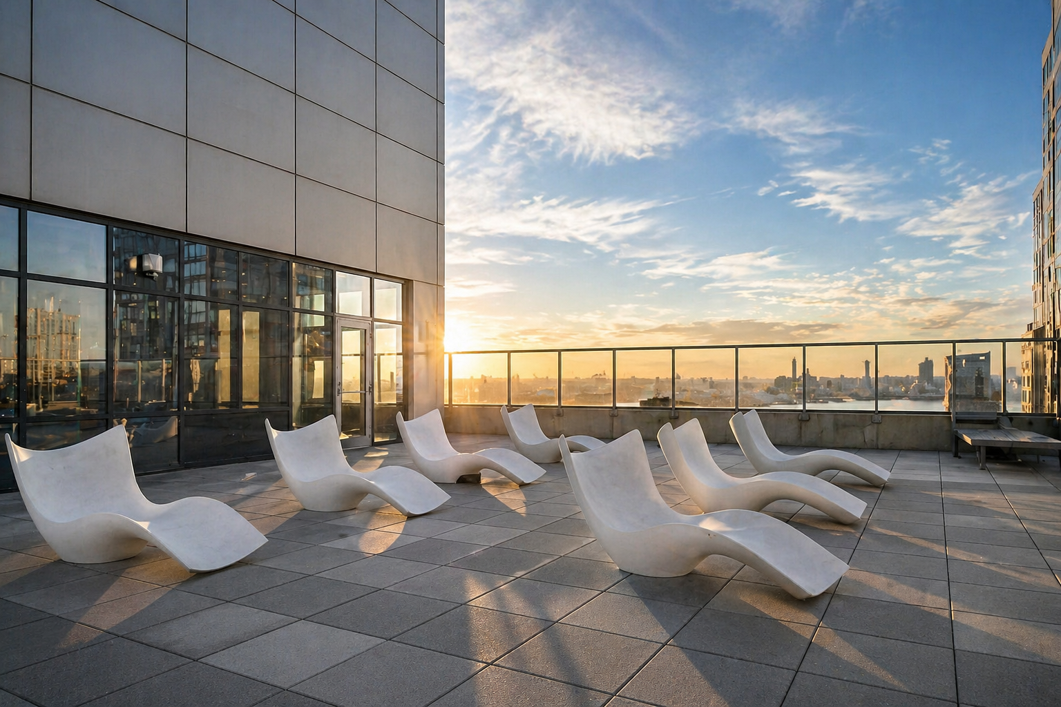 635 West 42nd Street, Unit 23E Manhattan, NY 10036 - Photo 16 of 26 a roof deck with couches and potted plants