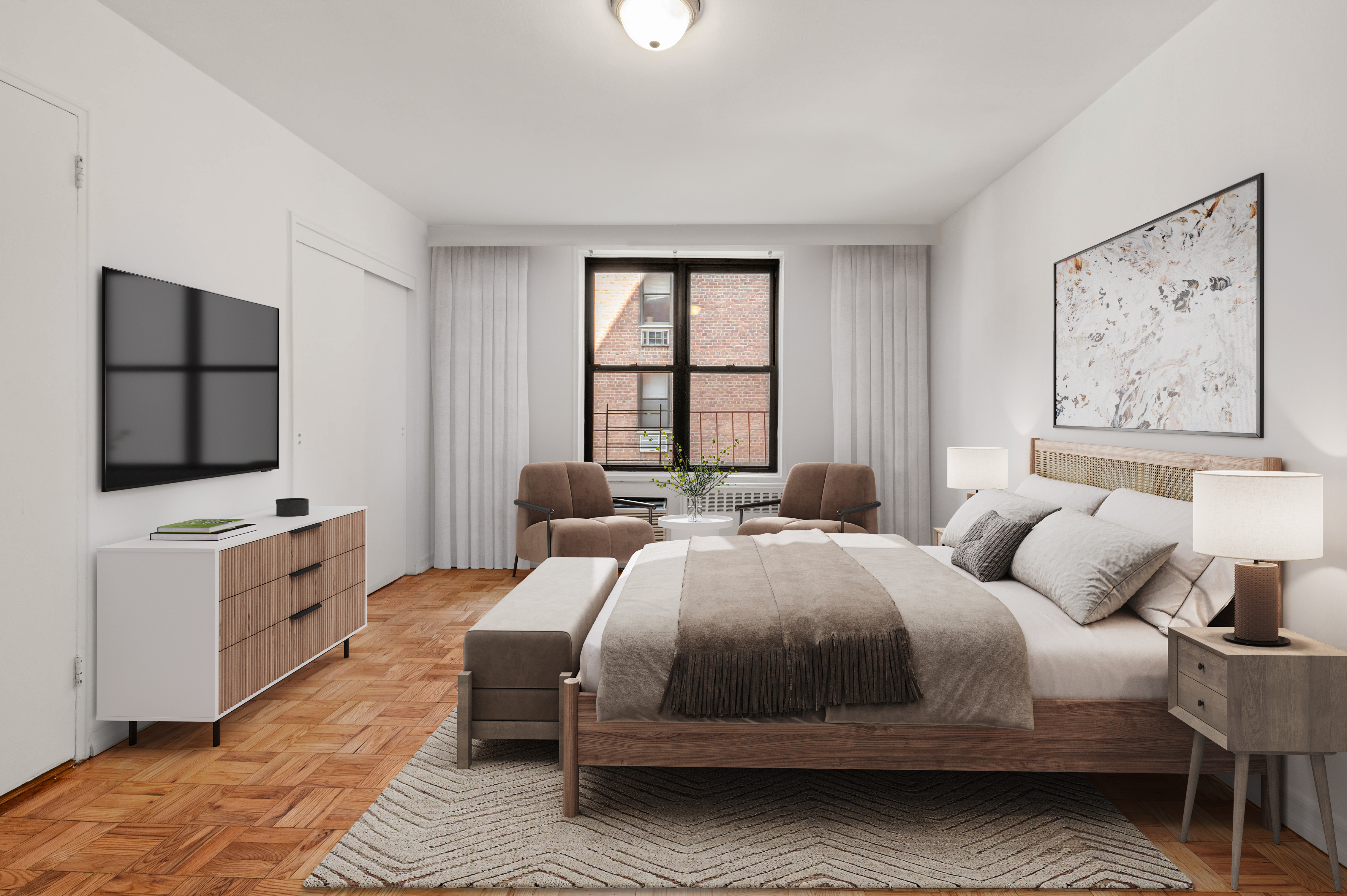 65-15 38th Avenue, Unit 1G Queens, NY 11377 - Photo 3 of 12 a bedroom with two beds and a flat screen tv