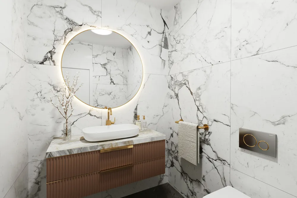a bathroom with a sink and mirror