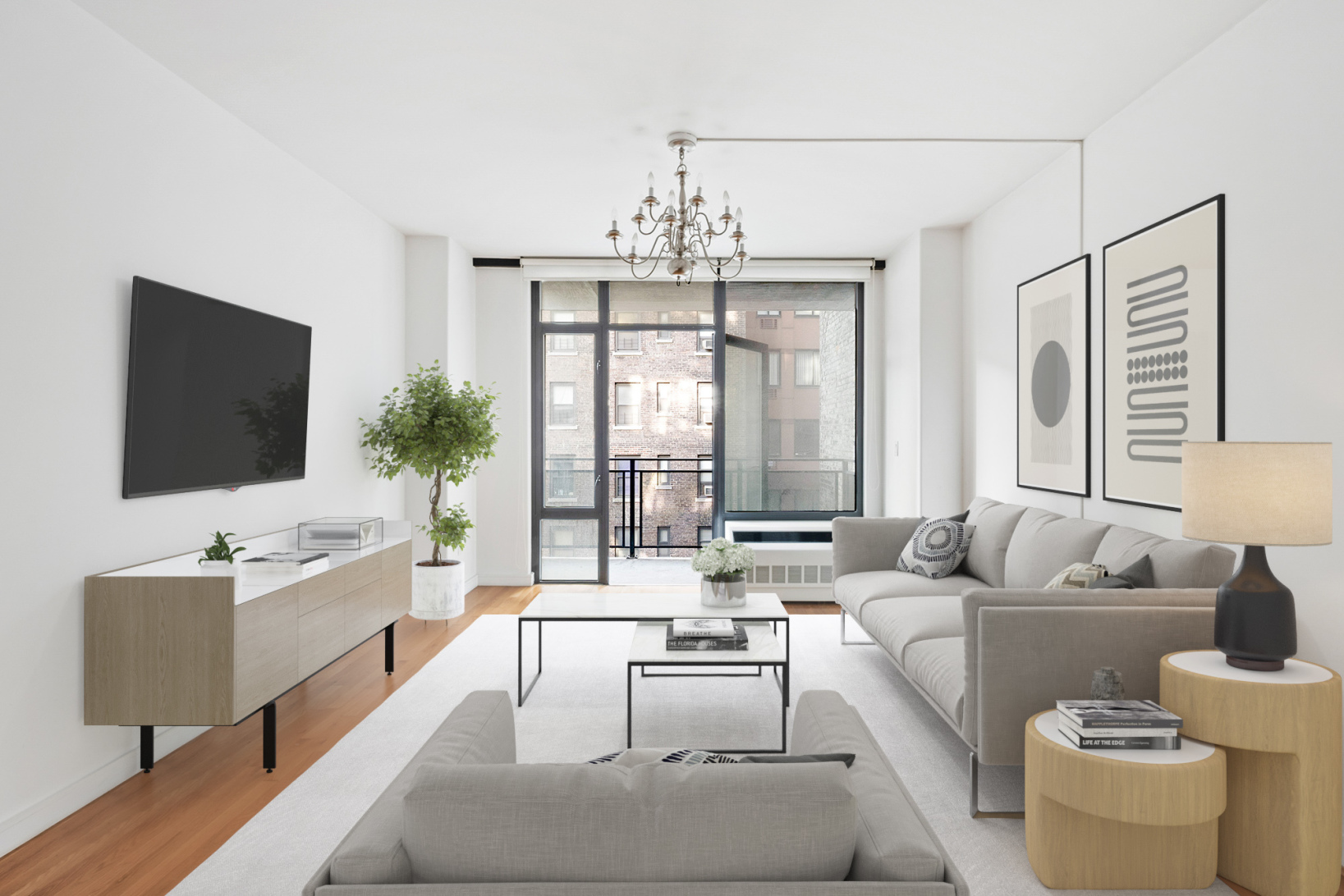 148 East 24th Street, Unit 6E Manhattan, NY 10010 - Photo 1 of 12 a living room with furniture a flat screen tv and a large window