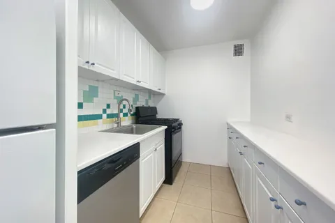 a kitchen with a sink and white stainless steel appliances