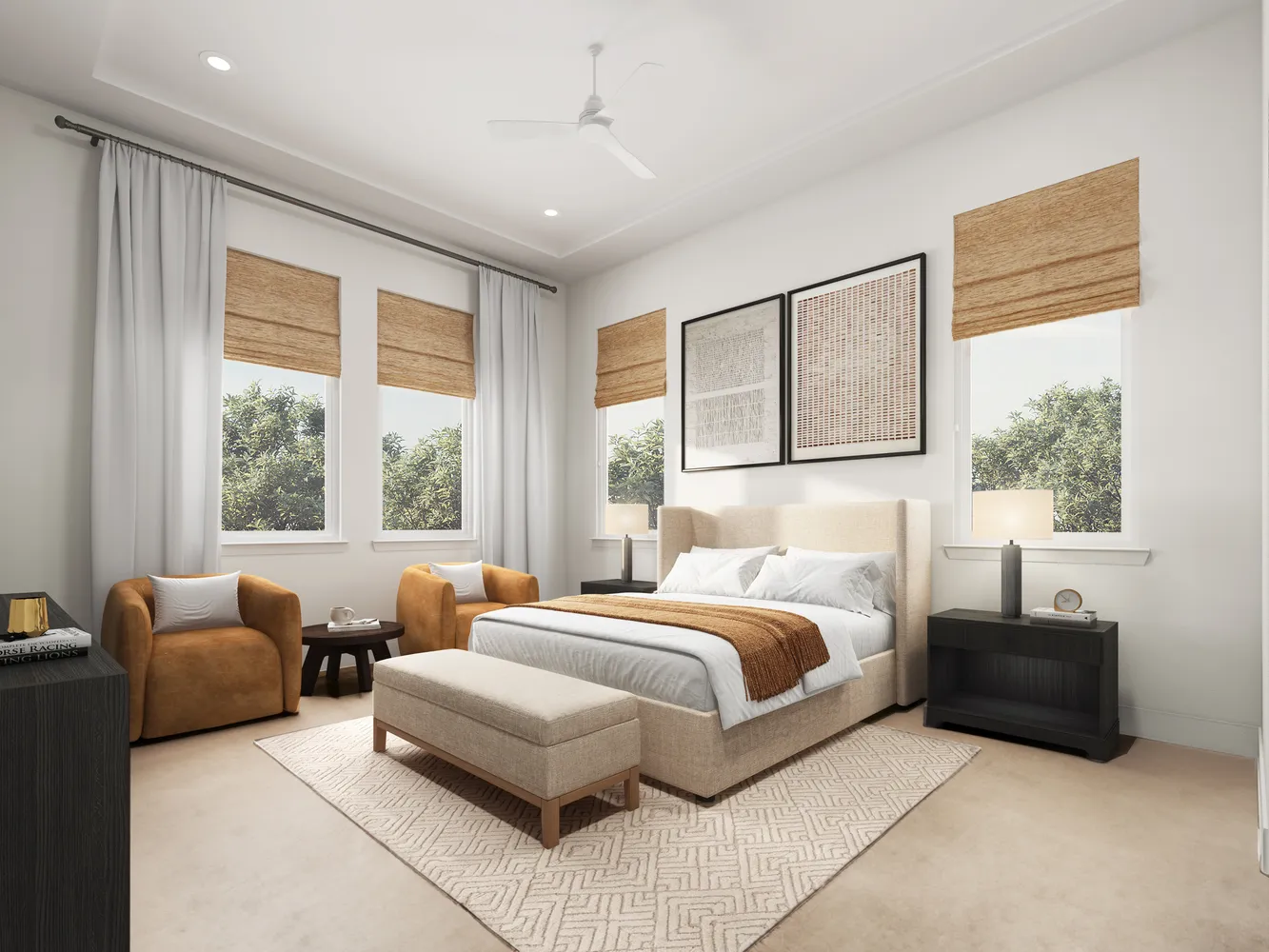 a spacious bedroom with a bed and glass window