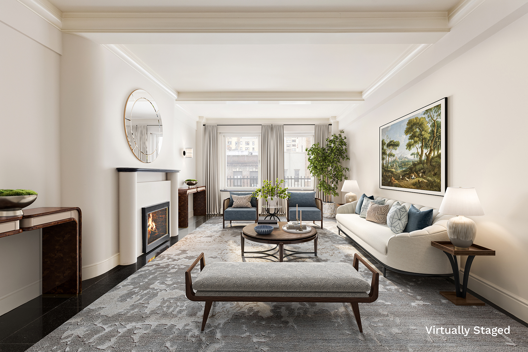 130 East 75th Street, Unit 4D Manhattan, NY 10021 - Photo 3 of 19 a living room with furniture a fireplace and a large window