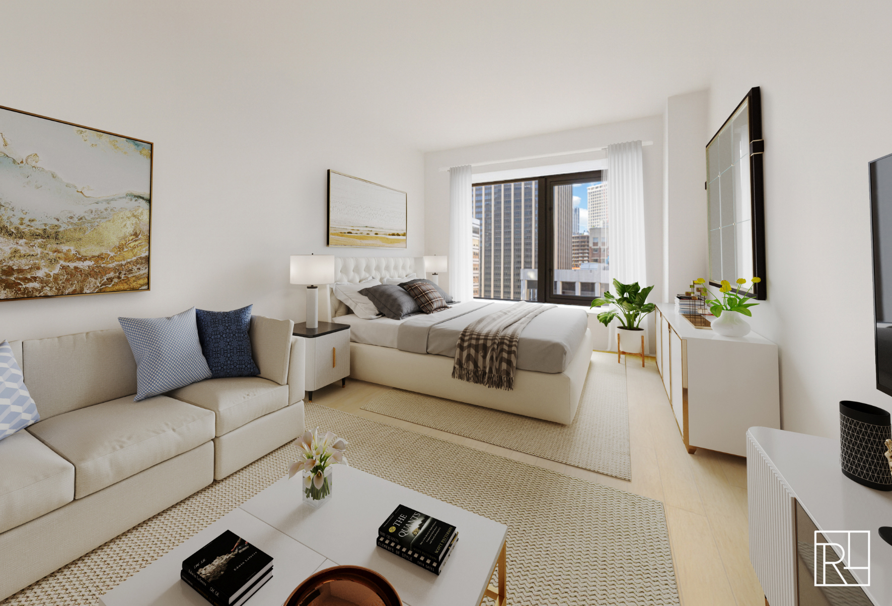 75 Wall Street, Unit 28D Manhattan, NY 10005 - Photo 3 of 35 a living room with furniture potted plant and window
