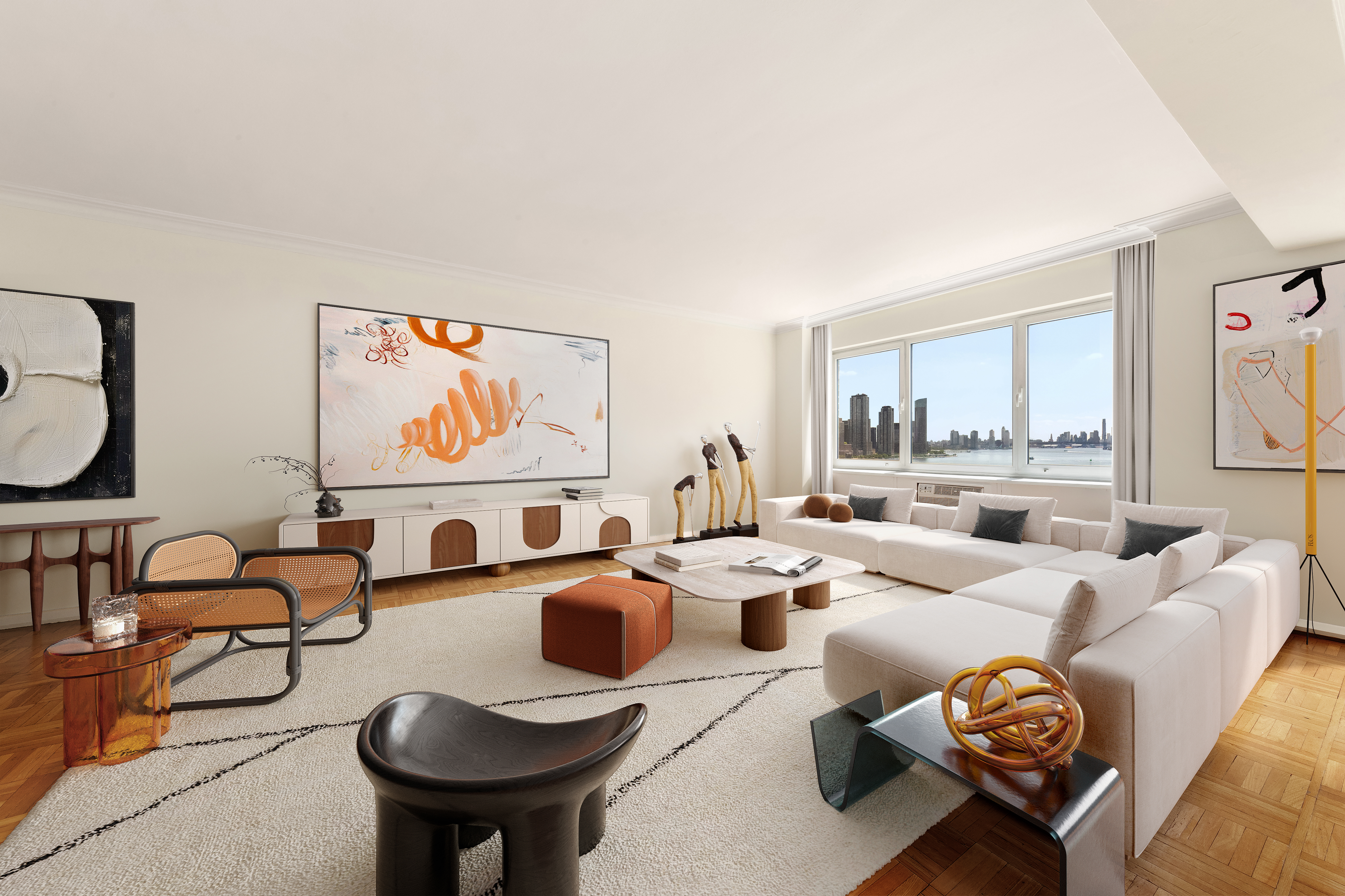 a living room with furniture kitchen view and a large window